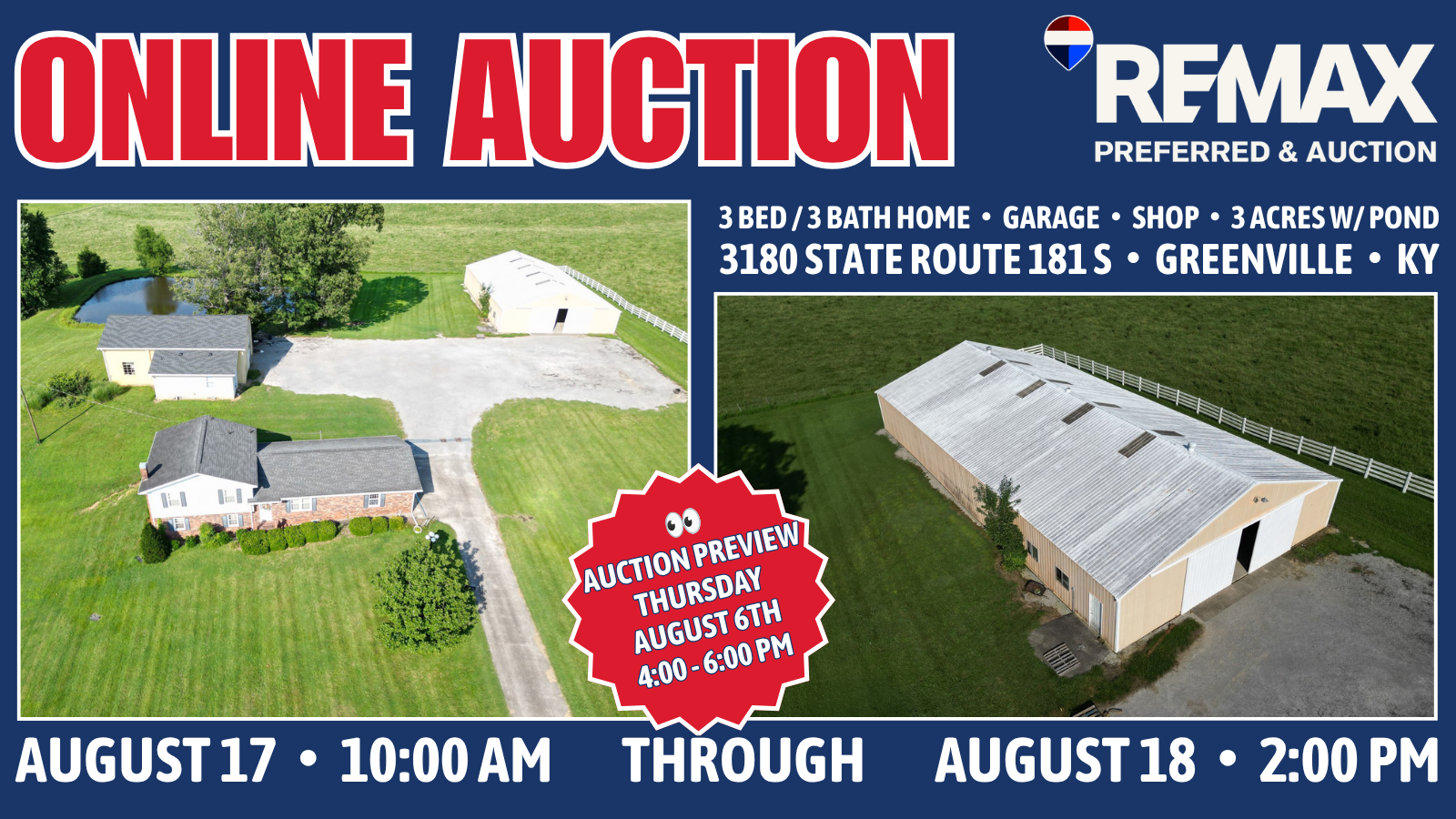 3 Bed / 2 Bath Home with 2 Buildings on 3 +/- Acres with Pond in Greenville, KY!